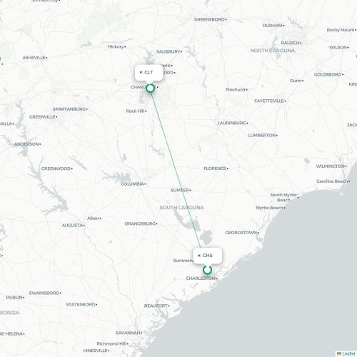 Mapa de vuelo directo Charleston - Charlotte