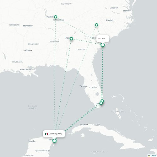 Mapa de vuelo directo Charleston - Cancún
