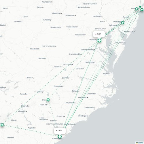 Mapa de vuelo directo Charleston - Washington D. C.