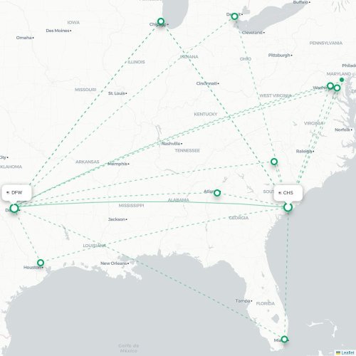 Mapa de vuelo directo Charleston - Dallas