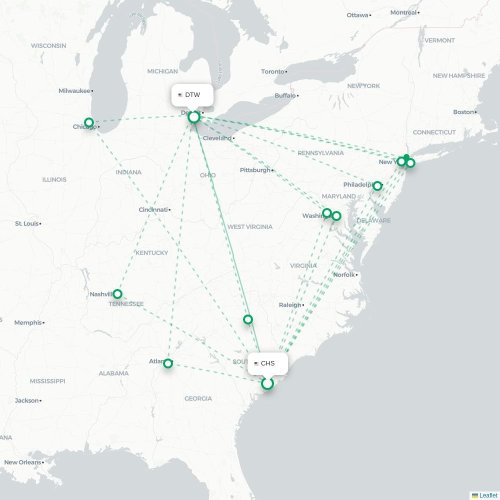 Mapa de vuelo directo Charleston - Detroit