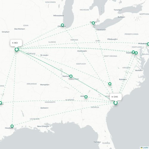 Mapa de vuelo directo Charleston - Kansas City