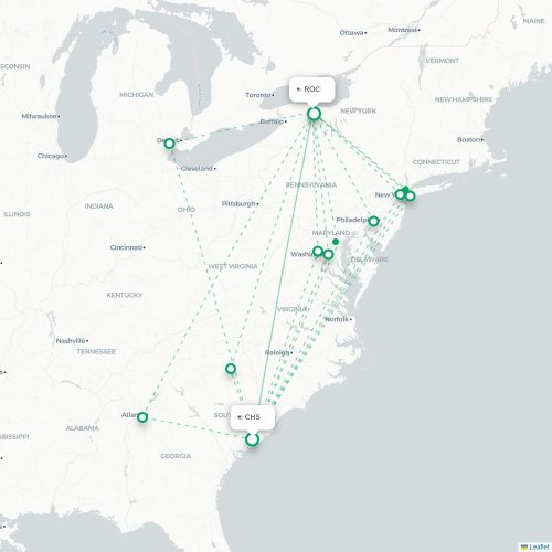 Mapa de vuelo directo Charleston - Rochester