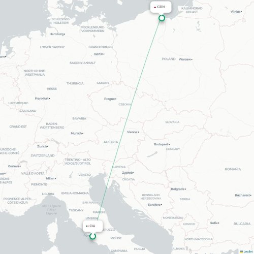 Mapa lotu bezpośredniego Rzym – Gdańsk
