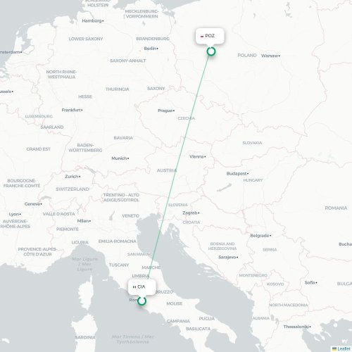 Mapa lotu bezpośredniego Rzym – Poznań