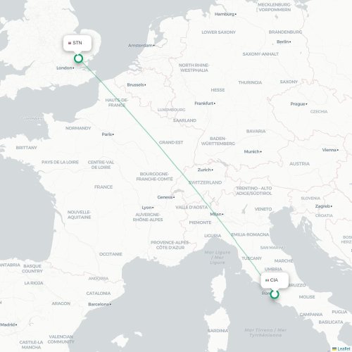 Mapa de vuelo directo Roma - Londres
