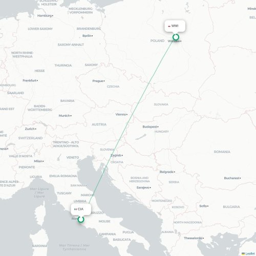 Mapa lotu bezpośredniego Rzym – Warszawa