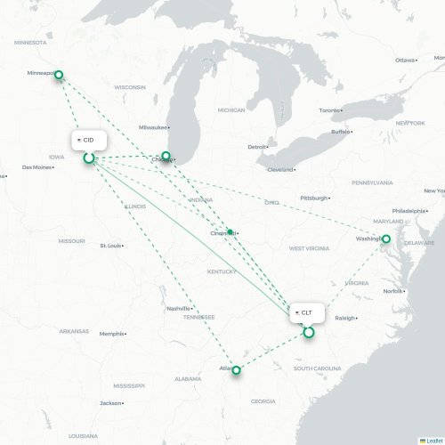 Mapa de vuelo directo Cedar Rapids - Charlotte