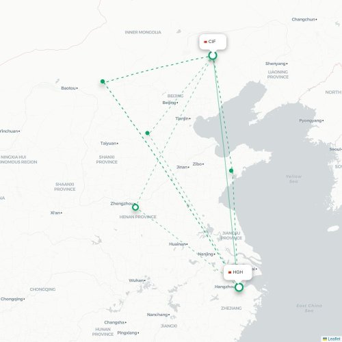 Mapa lotu bezpośredniego Chifeng – Hangzhou