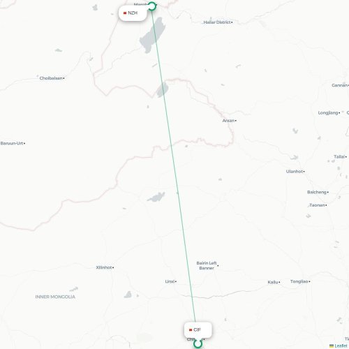 Mapa lotu bezpośredniego Chifeng – Hulunbuir