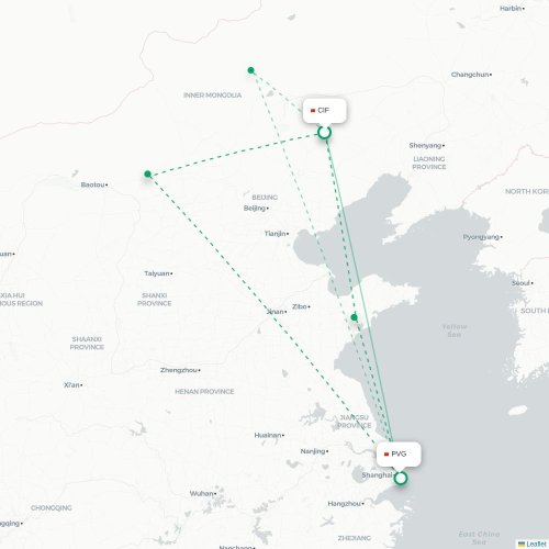 Mapa de vuelo directo Chifeng - Shangai