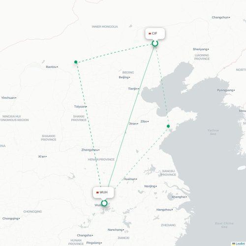 Mapa de vuelo directo Chifeng - Wuhan
