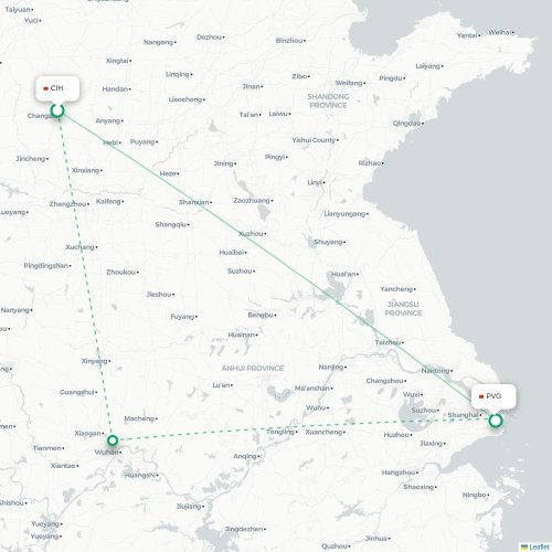 Mapa lotu bezpośredniego Changzhi – Szanghaj