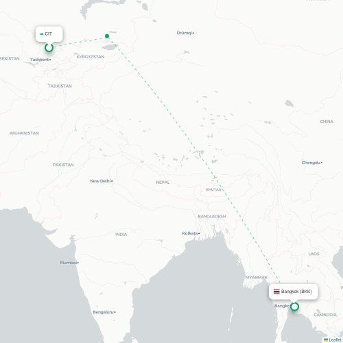 Mapa lotu bezpośredniego Szymkent – Bangkok