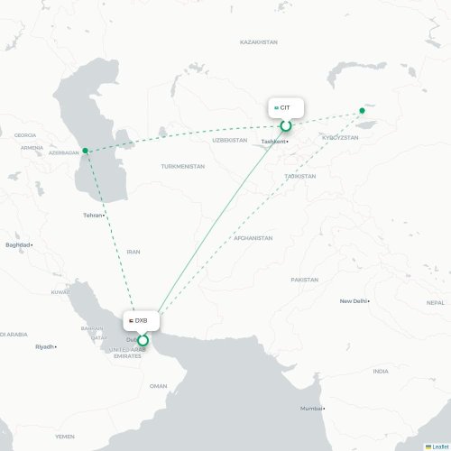 Mapa de vuelo directo Shymkent - Dubái