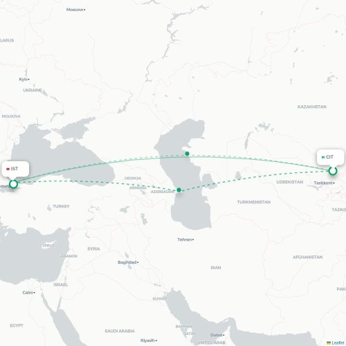 Mapa de vuelo directo Shymkent - Estambul