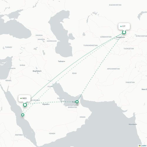 Mapa de vuelo directo Shymkent - Medina