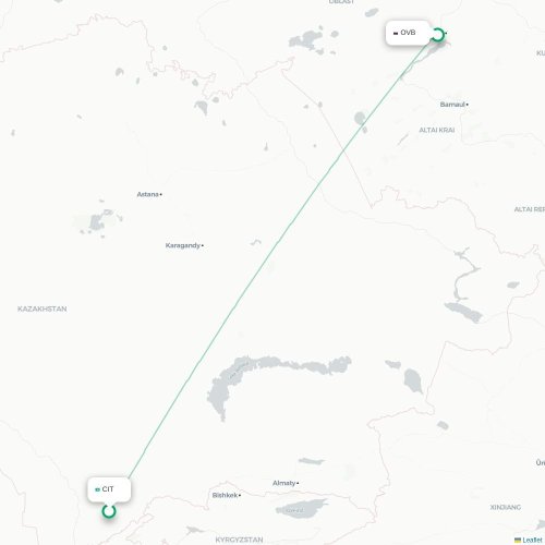 Mapa de vuelo directo Shymkent - Novosibirsk