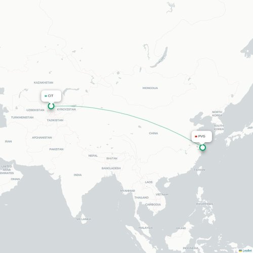Mapa de vuelo directo Shymkent - Shangai