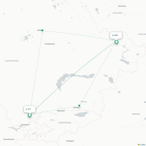 Mapa de vuelo directo Shymkent - Ust-Kamenogorsk