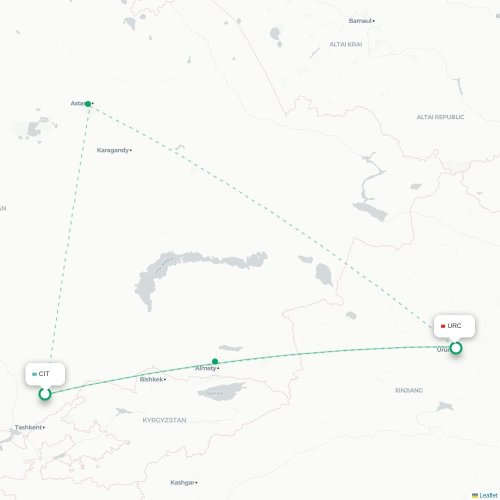 Mapa de vuelo directo Shymkent - Ürümqi