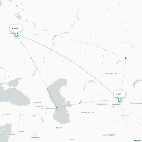 Mapa de vuelo directo Shymkent - Moscú