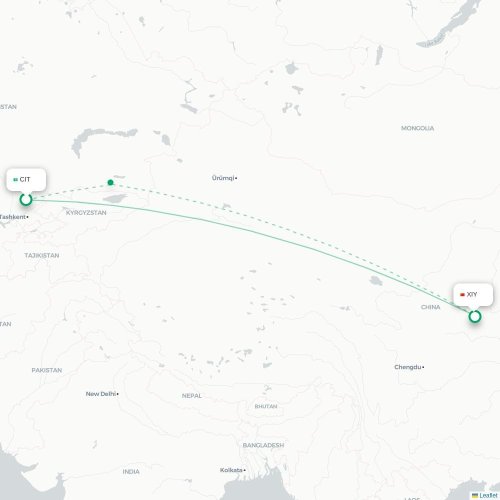 Mapa de vuelo directo Shymkent - Xi'an