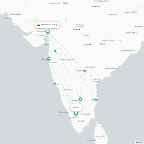 Mapa lotu bezpośredniego Coimbatore – Ahmadabad