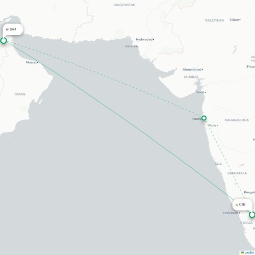 Mapa lotu bezpośredniego Coimbatore – Szardża