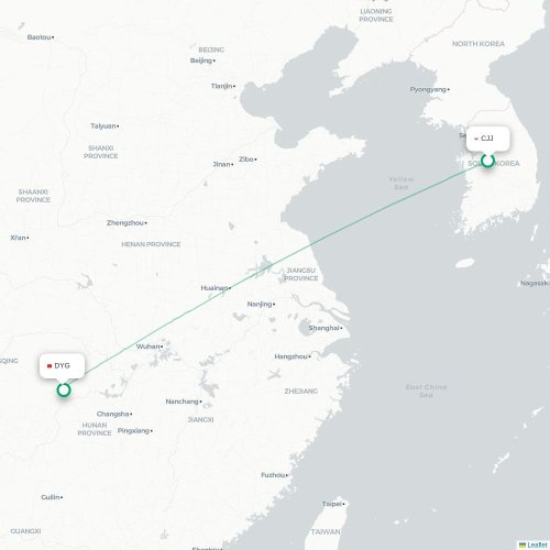 Mapa lotu bezpośredniego Ch'ungju – Zhangjiajie