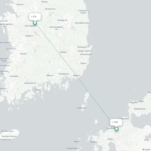 Mapa lotu bezpośredniego Ch'ungju – Fukuoka