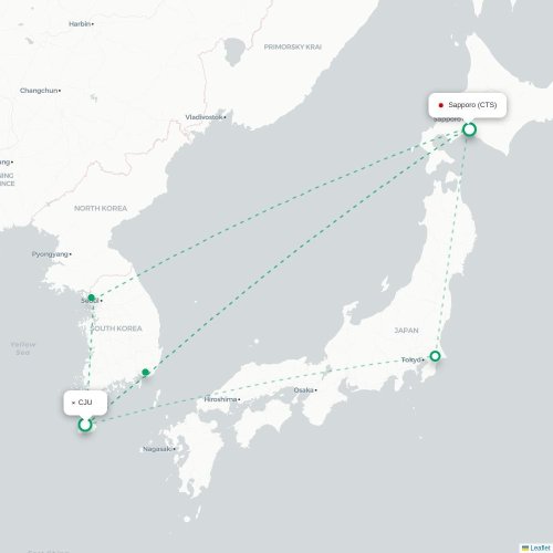 Mapa lotu bezpośredniego Czedżu – Sapporo
