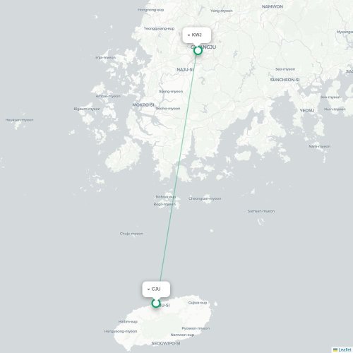 Mapa lotu bezpośredniego Czedżu – Kwangju