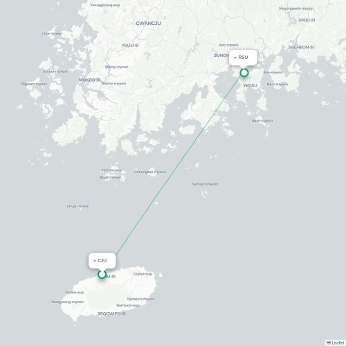Mapa lotu bezpośredniego Czedżu – Yeosu