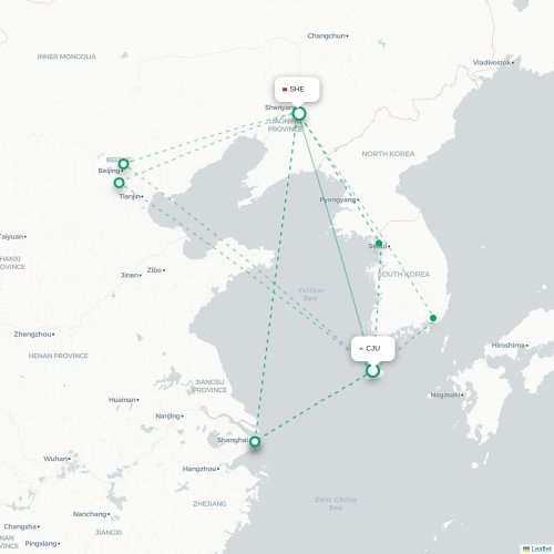 Mapa lotu bezpośredniego Czedżu – Shenyang