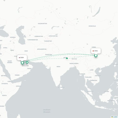 Mapa lotu bezpośredniego Chongqing – Ad-Dauha