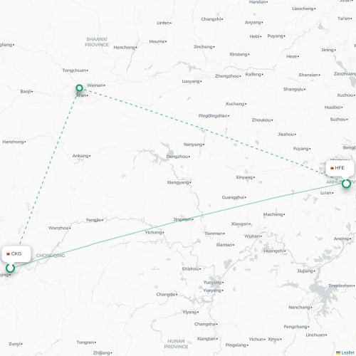 Mapa lotu bezpośredniego Chongqing – Hefei