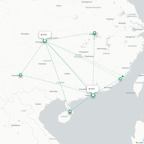 Mapa lotu bezpośredniego Chongqing – Hongkong