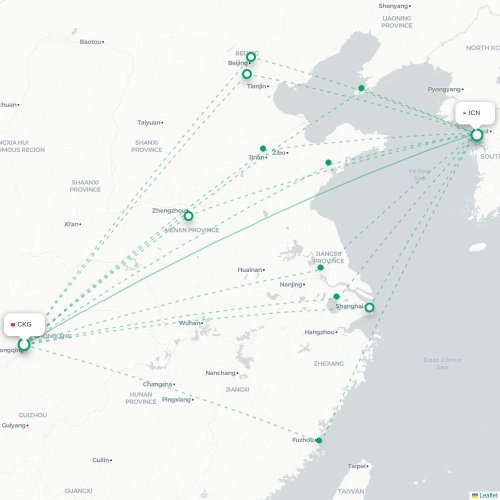 Mapa de vuelo directo Chongqing - Incheon