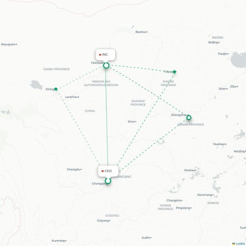 Mapa de vuelo directo Chongqing - Yinchuan