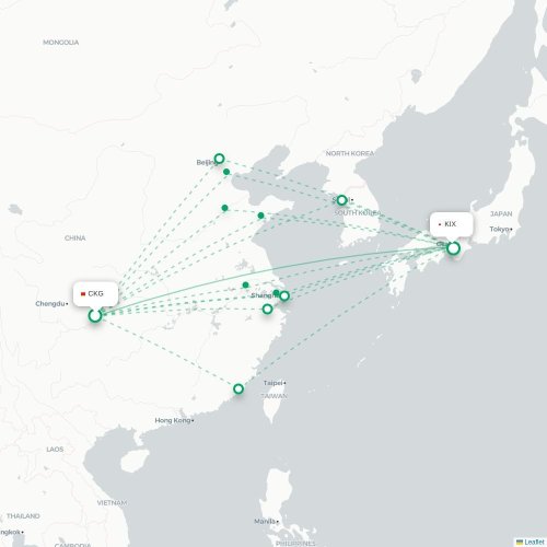 Mapa lotu bezpośredniego Chongqing – Osaka
