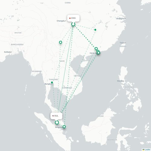 Mapa lotu bezpośredniego Chongqing – Kuala Lumpur