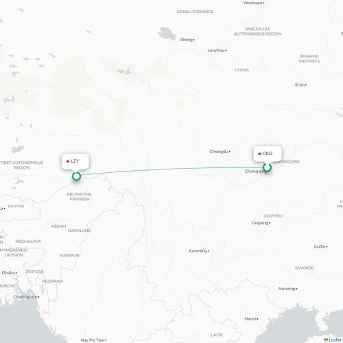 Mapa lotu bezpośredniego Chongqing – Nyingchi