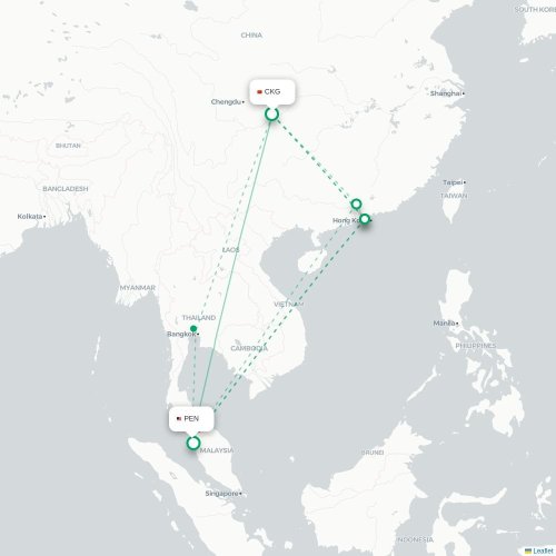 Mapa lotu bezpośredniego Chongqing – Penang