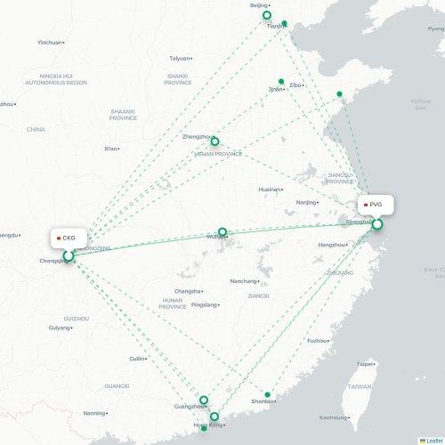 Mapa lotu bezpośredniego Chongqing – Szanghaj