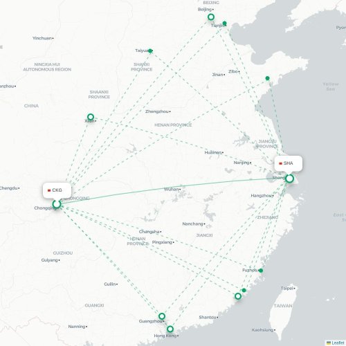 Mapa lotu bezpośredniego Chongqing – Szanghaj