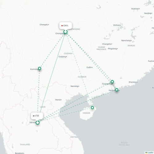 Mapa lotu bezpośredniego Chongqing – Wientian