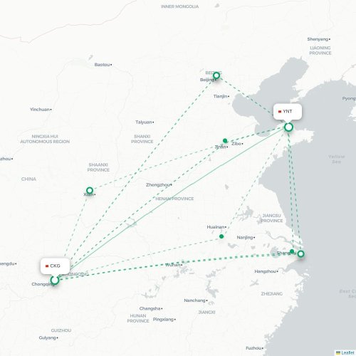 Mapa de vuelo directo Chongqing - Yantai