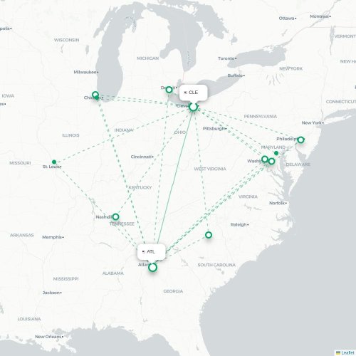 Mapa lotu bezpośredniego Cleveland – Atlanta