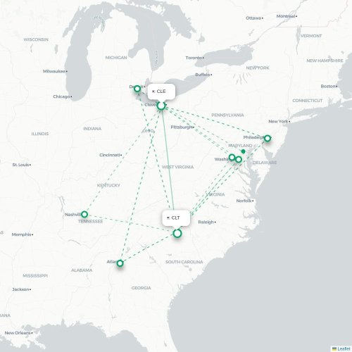 Mapa lotu bezpośredniego Cleveland – Charlotte